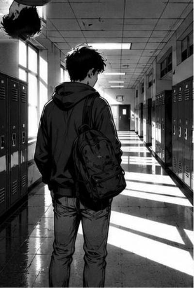 Comic-Zeichnung: Tim steht mit Rucksack im Schulflur